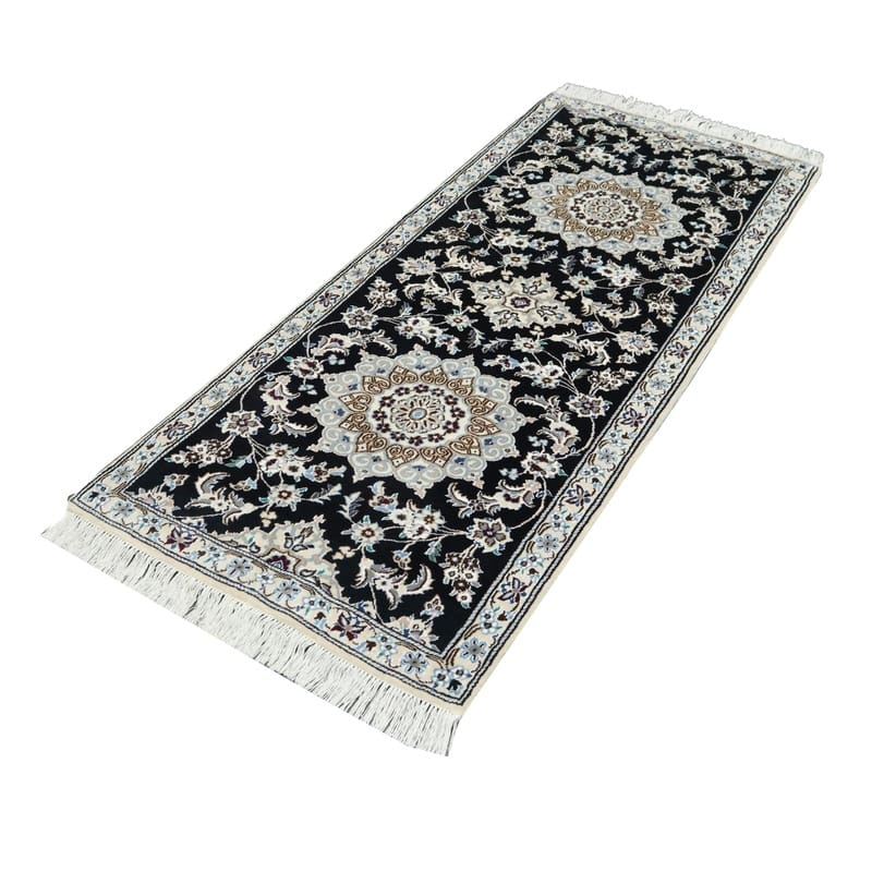 eleganter-nain-9la-teppich-196x82-cm-handgeknupft-dunkelblau-3 Handgeknüpfter Nain Perserteppich, 194 × 81 cm, Wolle & Seide