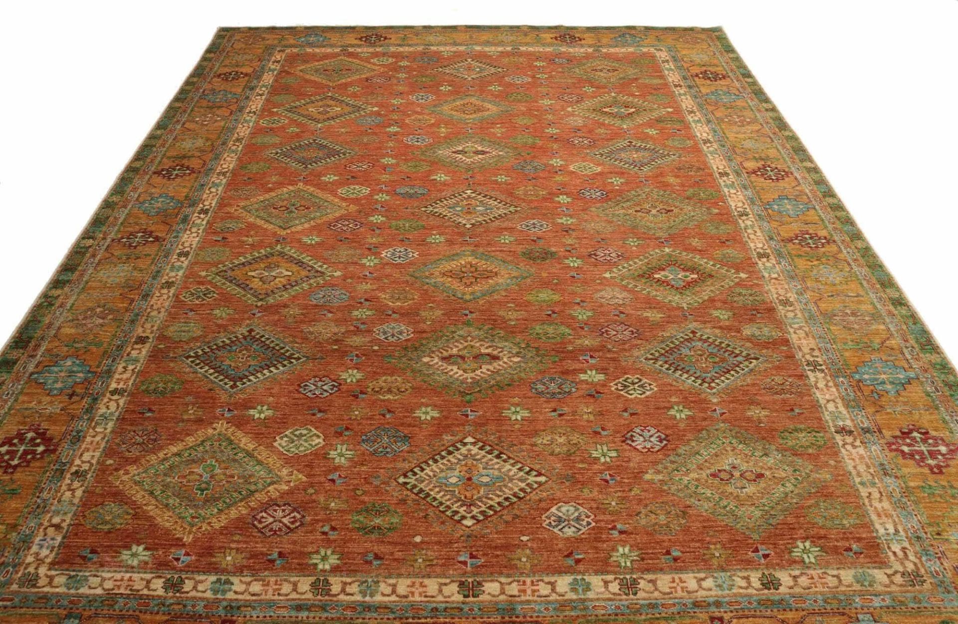 kazak-teppich-265-x-356cm-geometrische-muster-handgeknupft-3 Kazak Orientteppich aus Pakistan, 265 × 356 cm
