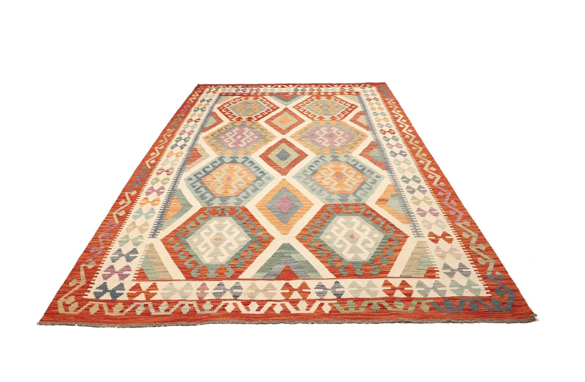kelim-teppich-202-x-294-cm-handgewebt-rustikales-flair-1 Handgewebter Kelim, 202 × 294 cm, Wolle