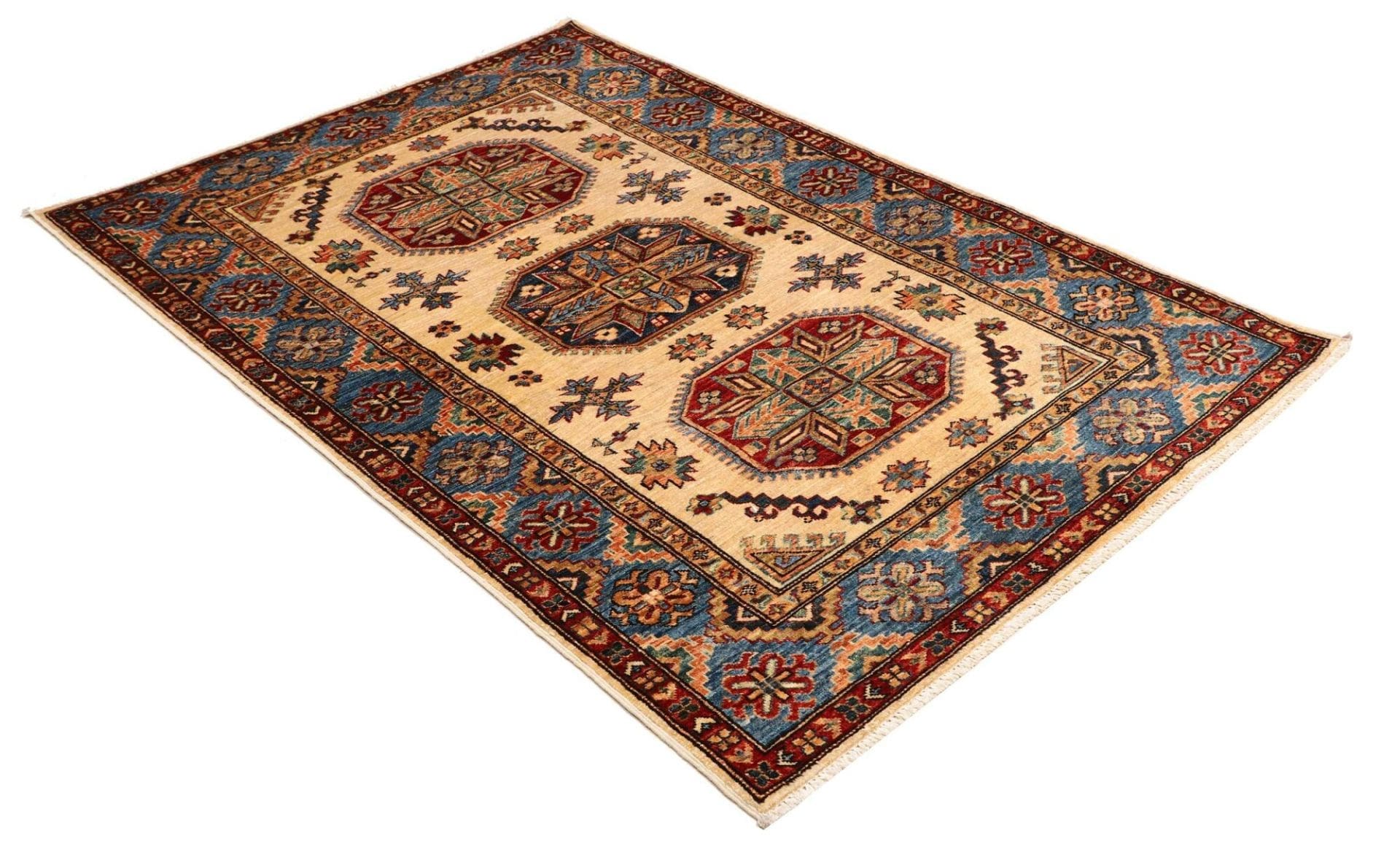 handgeknupfter-kazak-orientteppich-128-x-187-cm-geometrische-muster-2 Kazak Orientteppich 128 × 187 cm aus Wolle, handgeknüpft