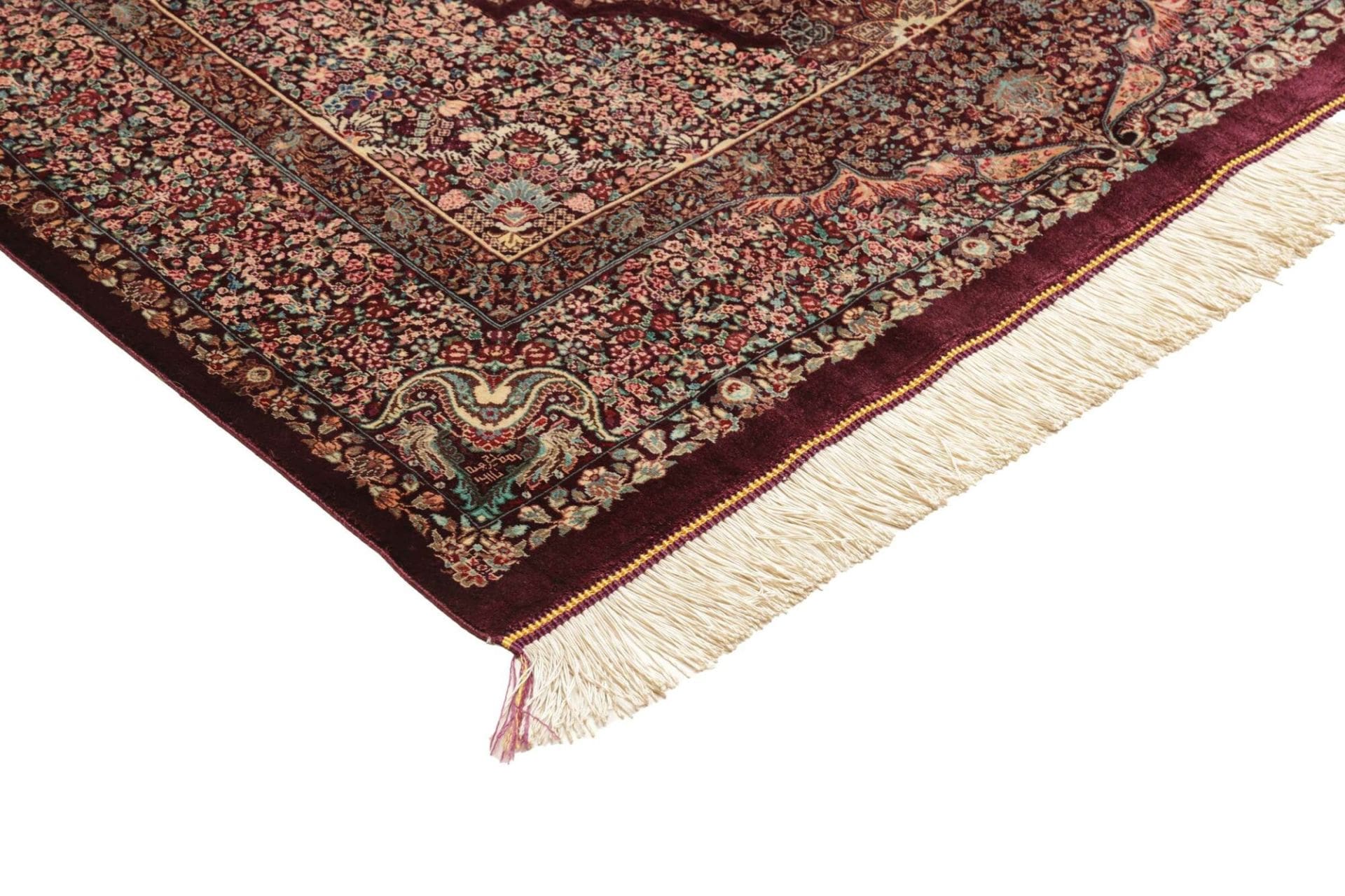 Ghom Perserteppich 103 × 142 cm aus Seide, handgeknüpft