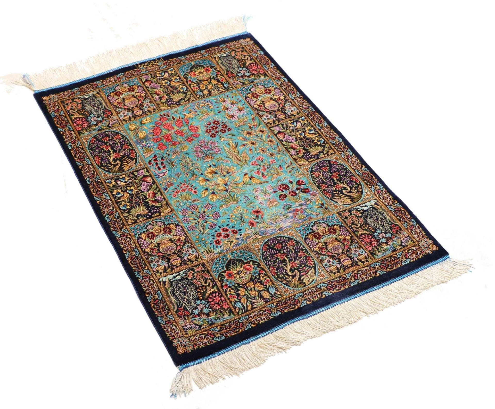 Ghom Perserteppich 63 × 91 cm aus Seide, handgeknüpft