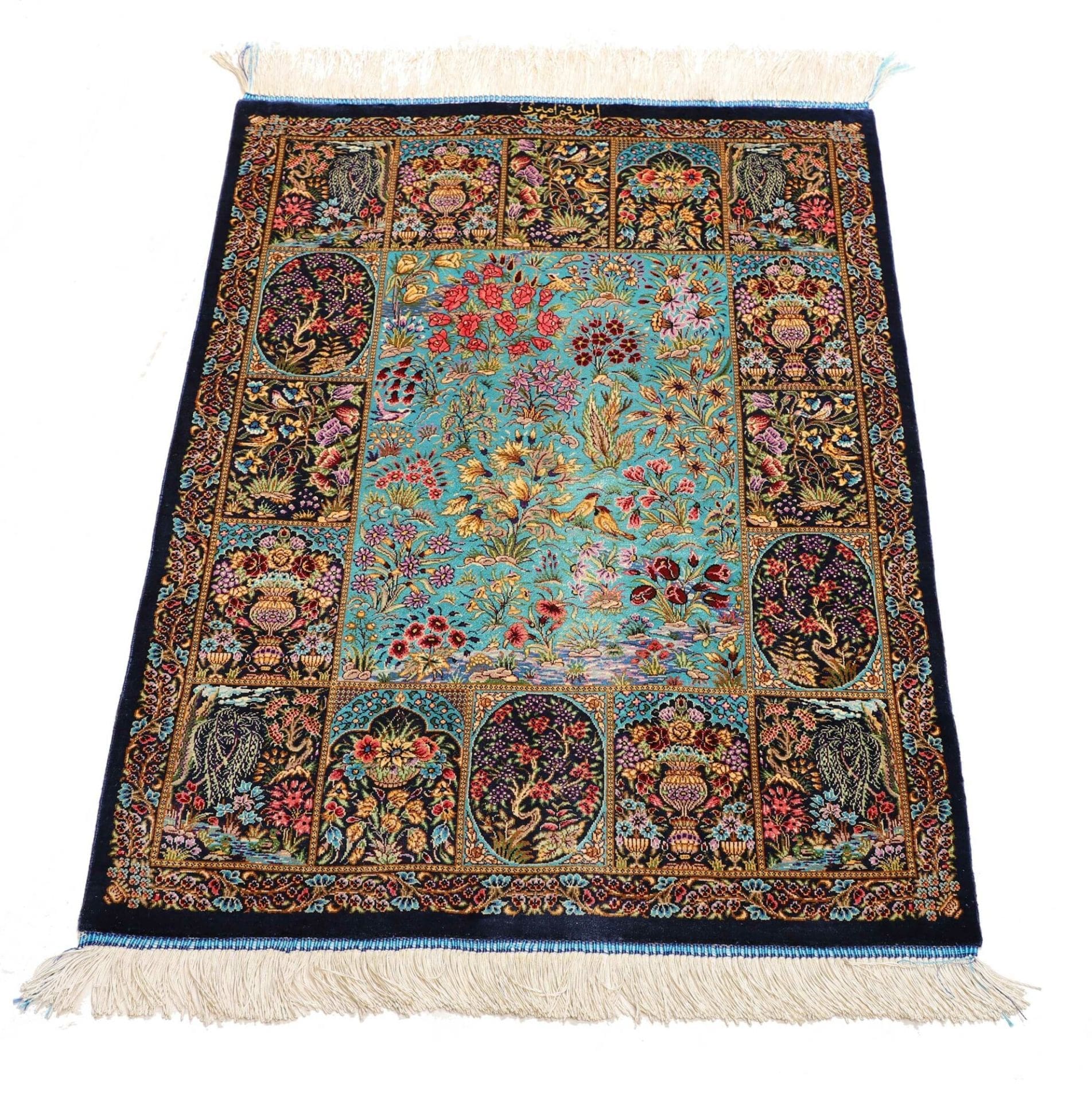 Ghom Perserteppich 63 × 91 cm aus Seide, handgeknüpft