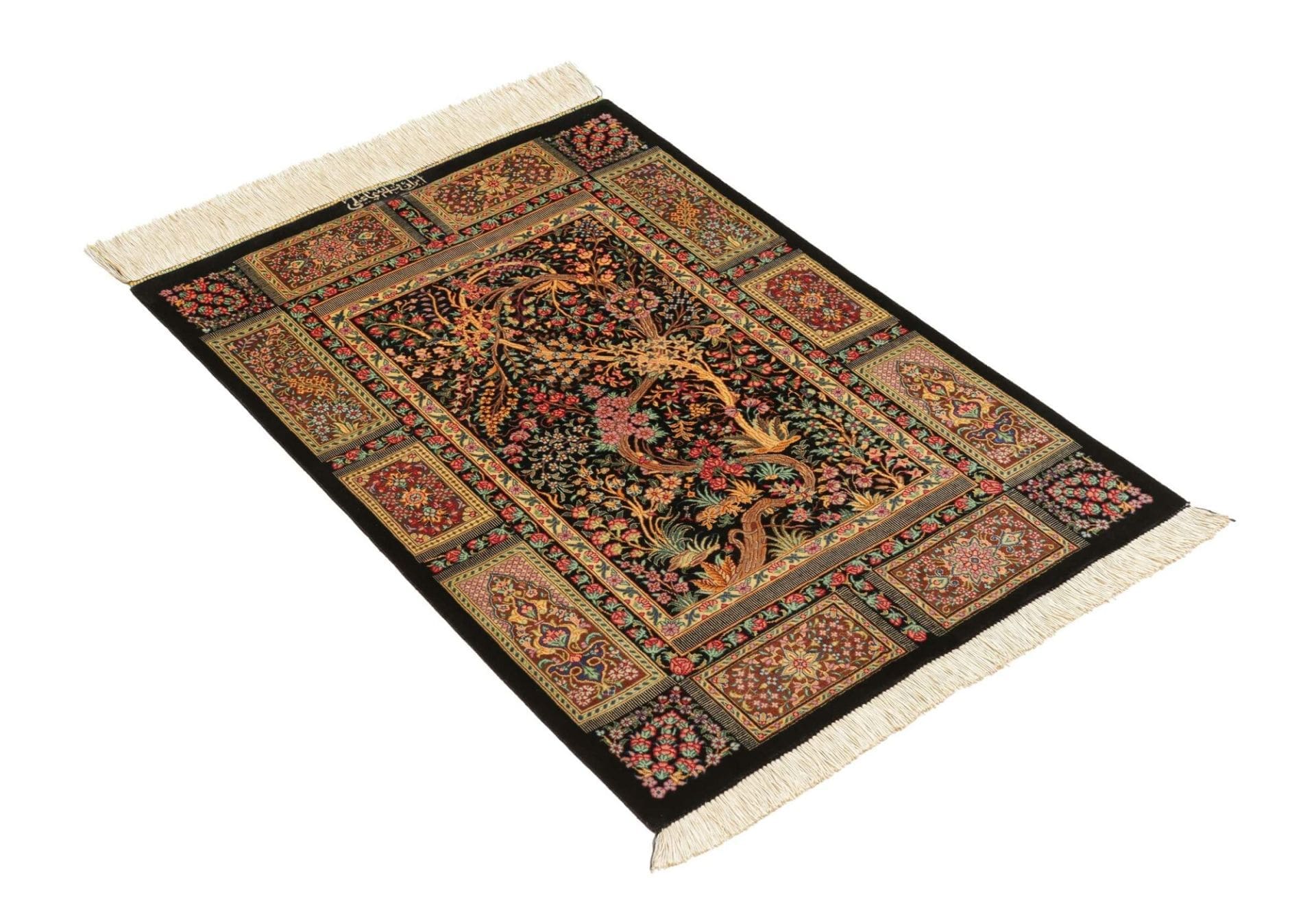 Handgeknüpfter Ghom Perserteppich, 63 × 92 cm, Seide