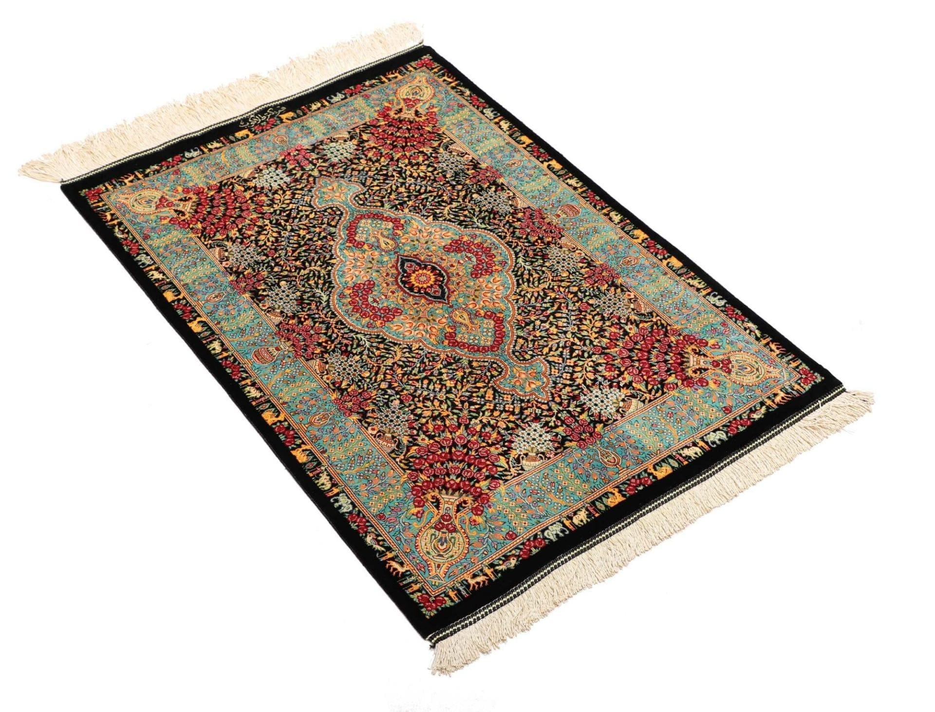 Ghom Perserteppich 63 × 91 cm aus Seide, handgeknüpft