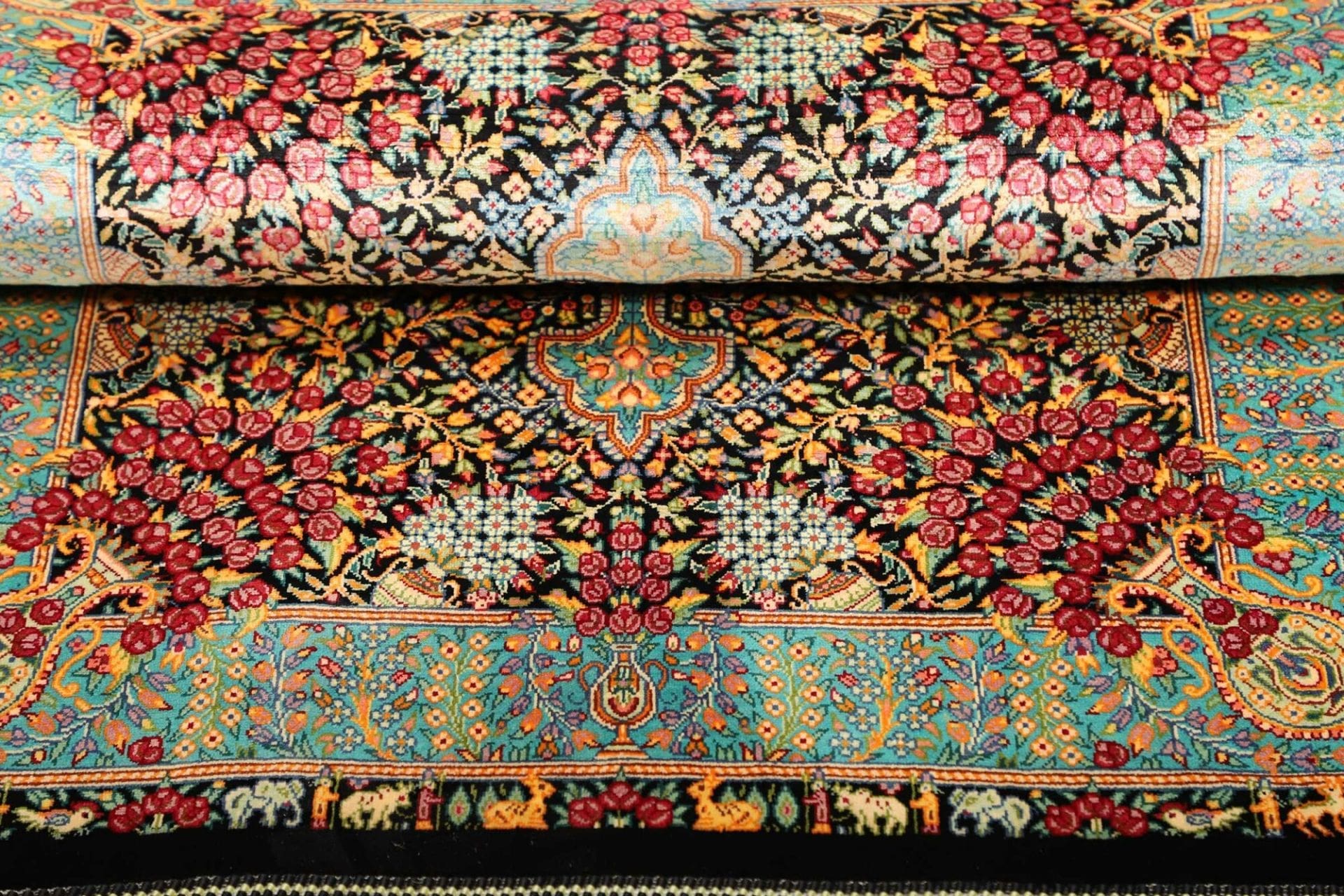 Ghom Perserteppich 63 × 91 cm aus Seide, handgeknüpft