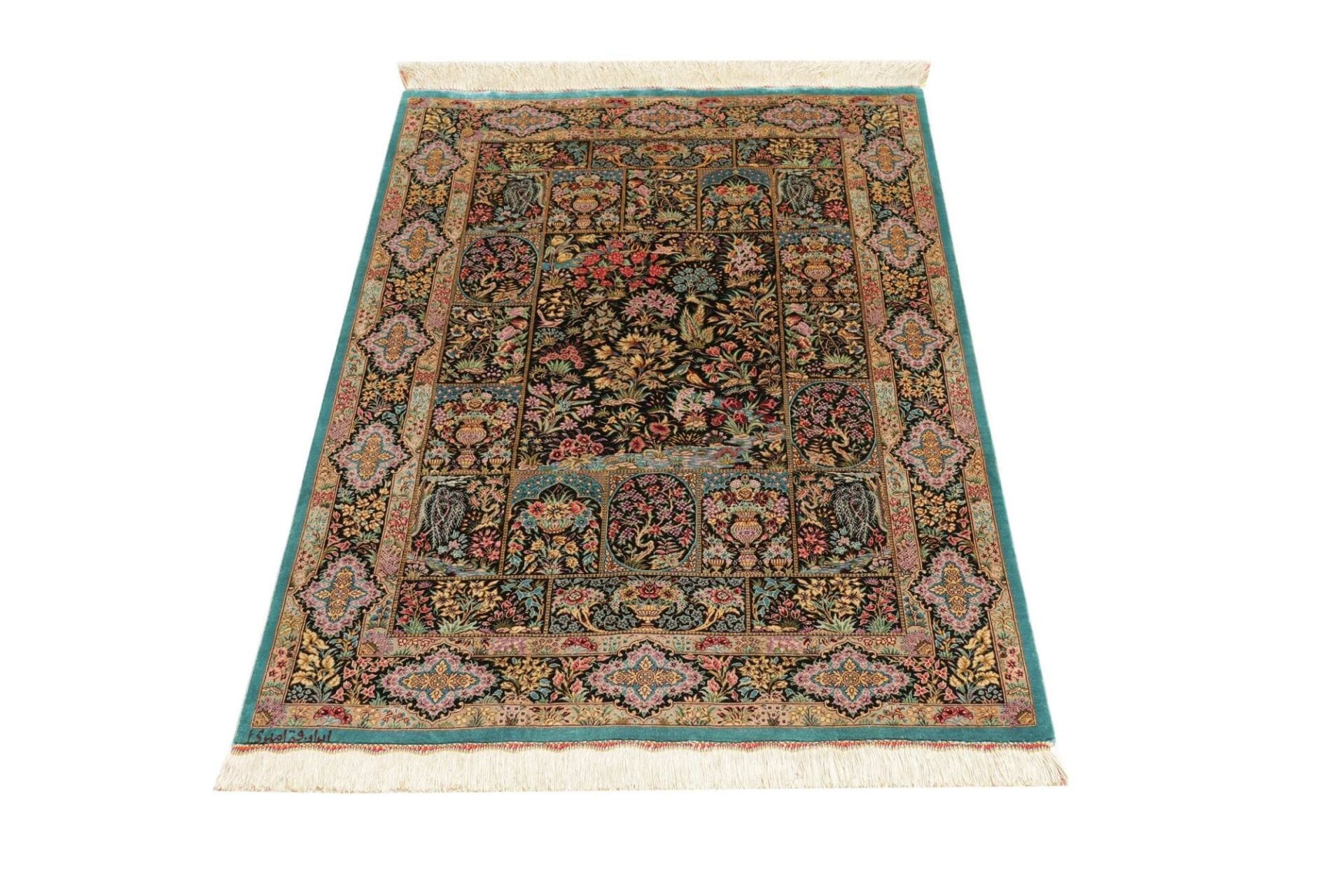Handgeknüpfter Ghom Perserteppich, 82 × 124 cm, Seide