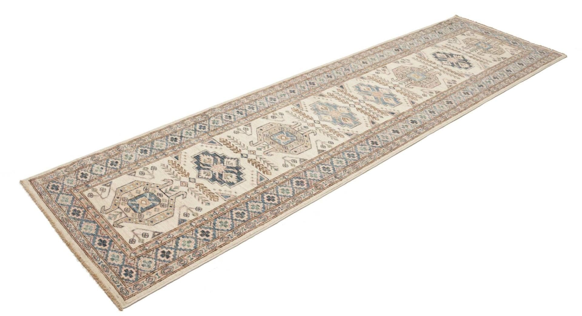 kazak-teppich-88-x-303-cm-geometrische-muster-handgeknupft-1 Handgeknüpfter Kazak Orientteppich, 88 × 303 cm, Wolle