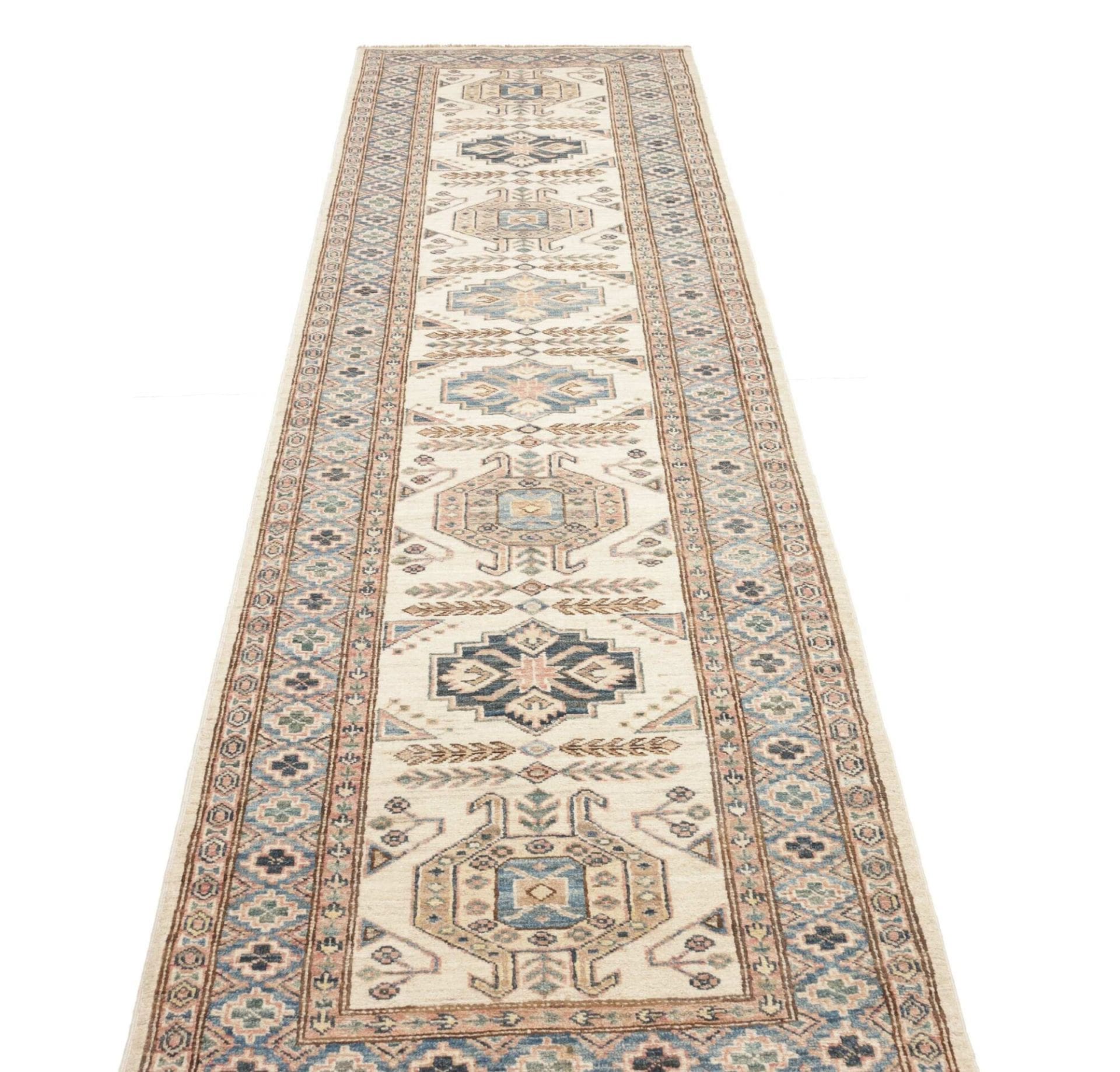 kazak-teppich-88-x-303-cm-geometrische-muster-handgeknupft-3 Handgeknüpfter Kazak Orientteppich, 88 × 303 cm, Wolle