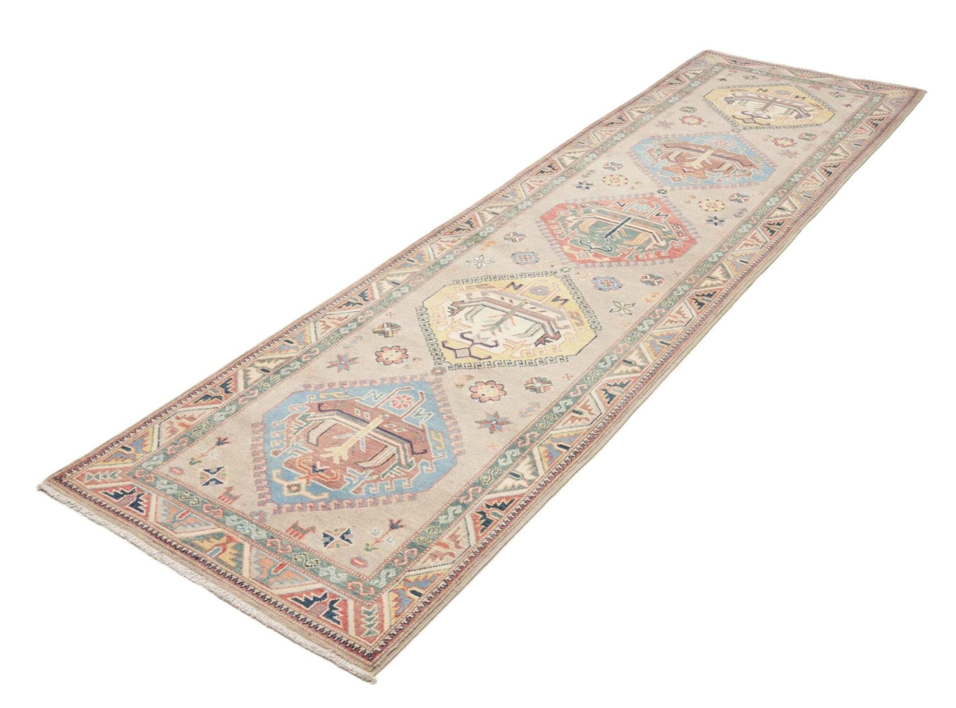 kazak-teppich-89-x-307cm-schurwolle-geometrisches-muster-handgeknupft-1 Handgeknüpfter Kazak Orientteppich 89 × 307 cm