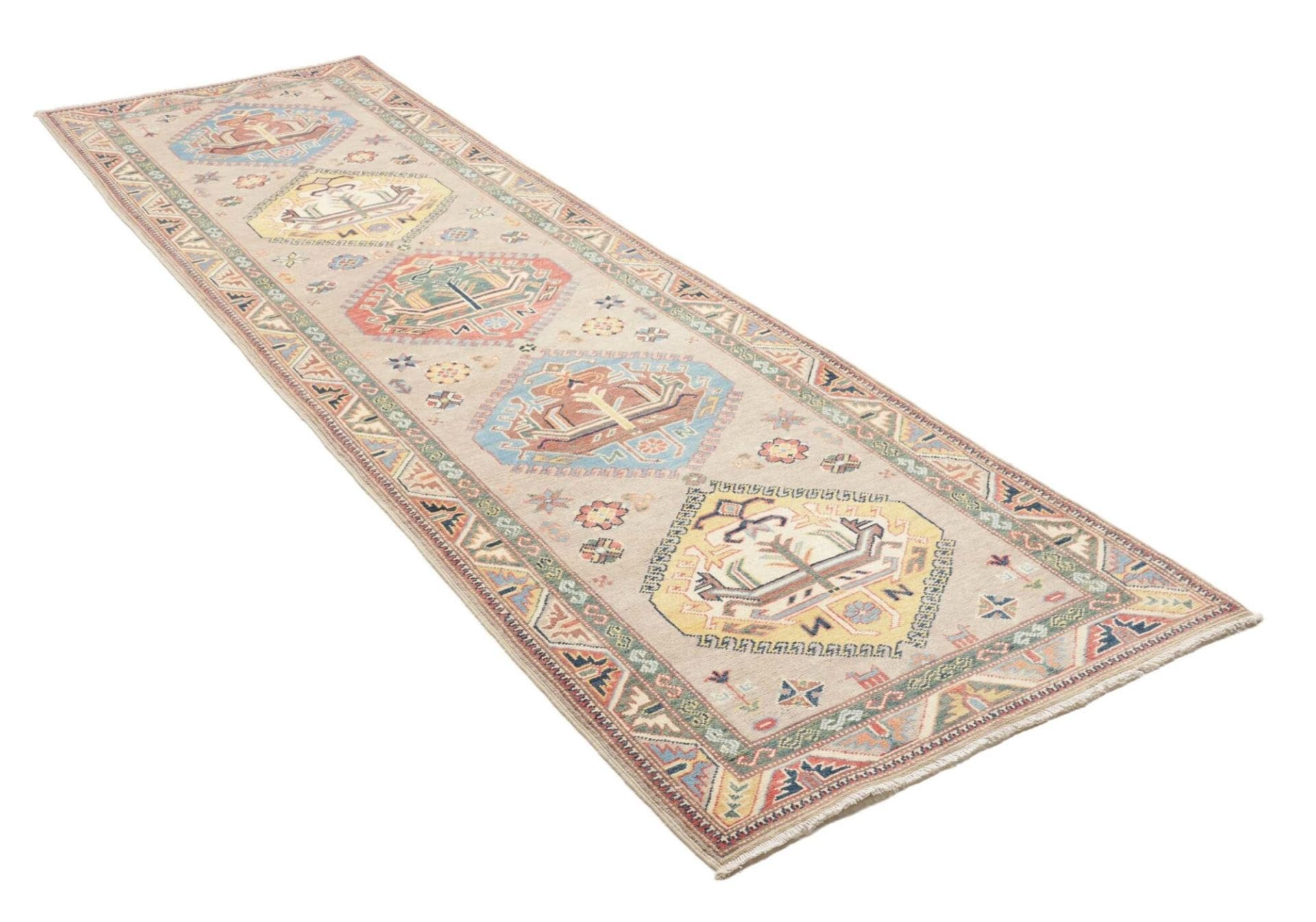 kazak-teppich-89-x-307cm-schurwolle-geometrisches-muster-handgeknupft-2 Handgeknüpfter Kazak Orientteppich 89 × 307 cm
