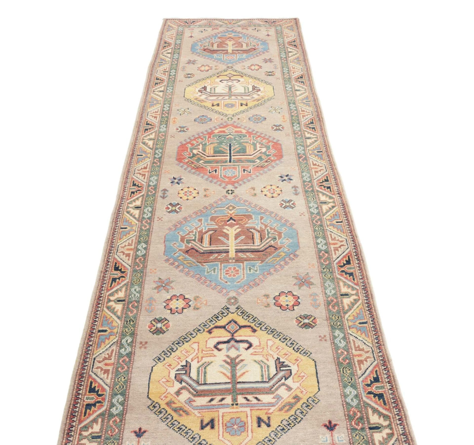 kazak-teppich-89-x-307cm-schurwolle-geometrisches-muster-handgeknupft-3 Handgeknüpfter Kazak Orientteppich 89 × 307 cm