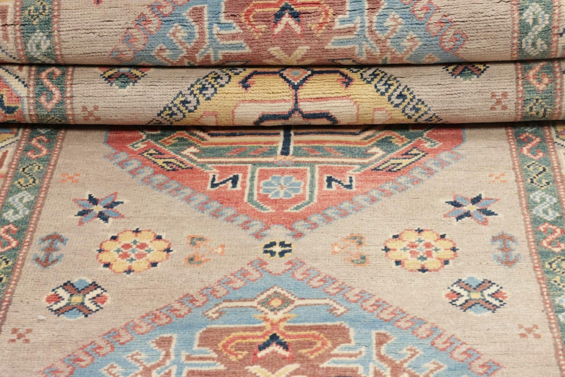 kazak-teppich-89-x-307cm-schurwolle-geometrisches-muster-handgeknupft-8 Handgeknüpfter Kazak Orientteppich 89 × 307 cm