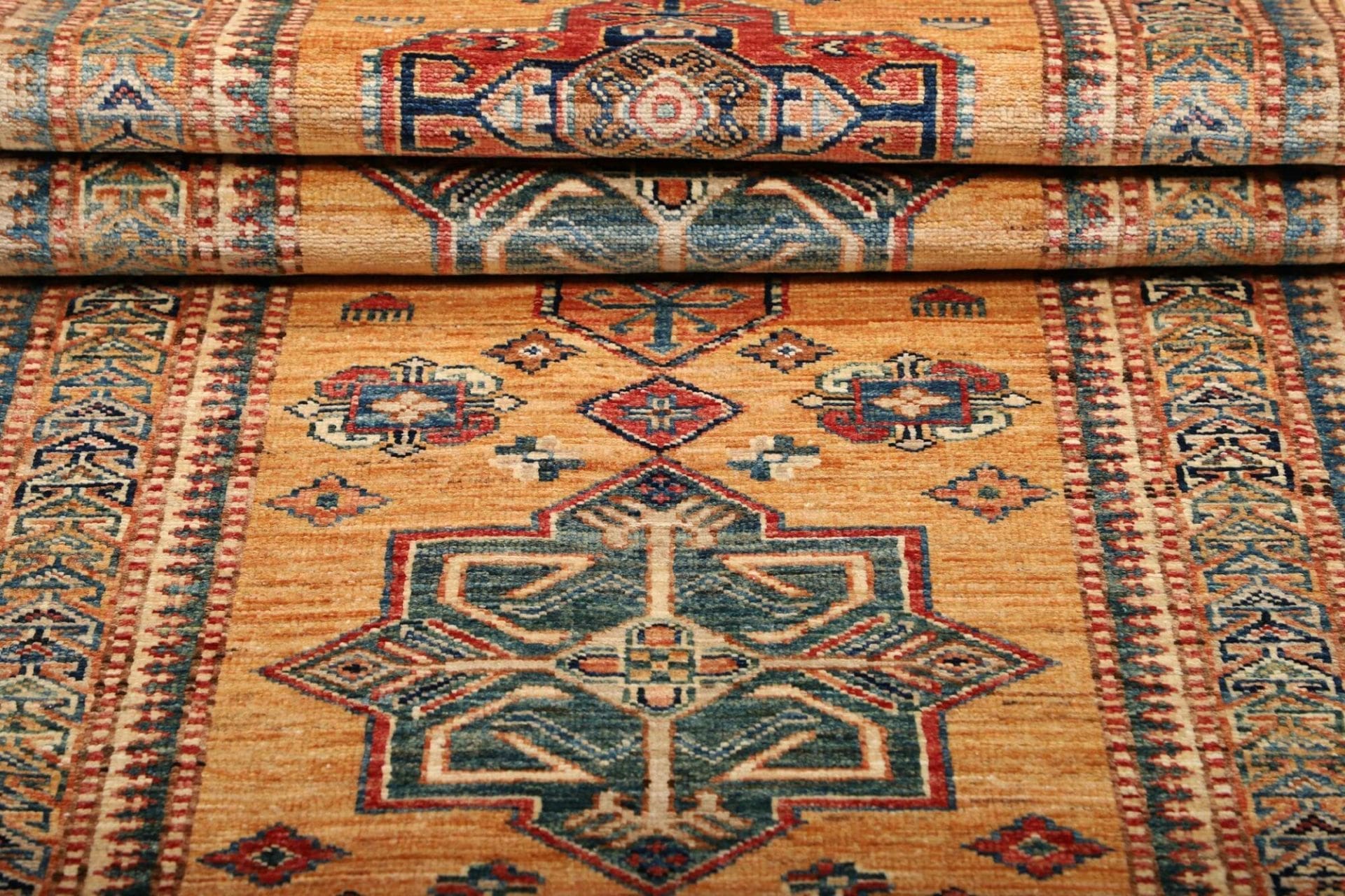 kazak-teppich-81-x-306-cm-geometrische-muster-handgeknupft-7 Handgeknüpfter Kazak Orientteppich, 81 × 306 cm, Wolle