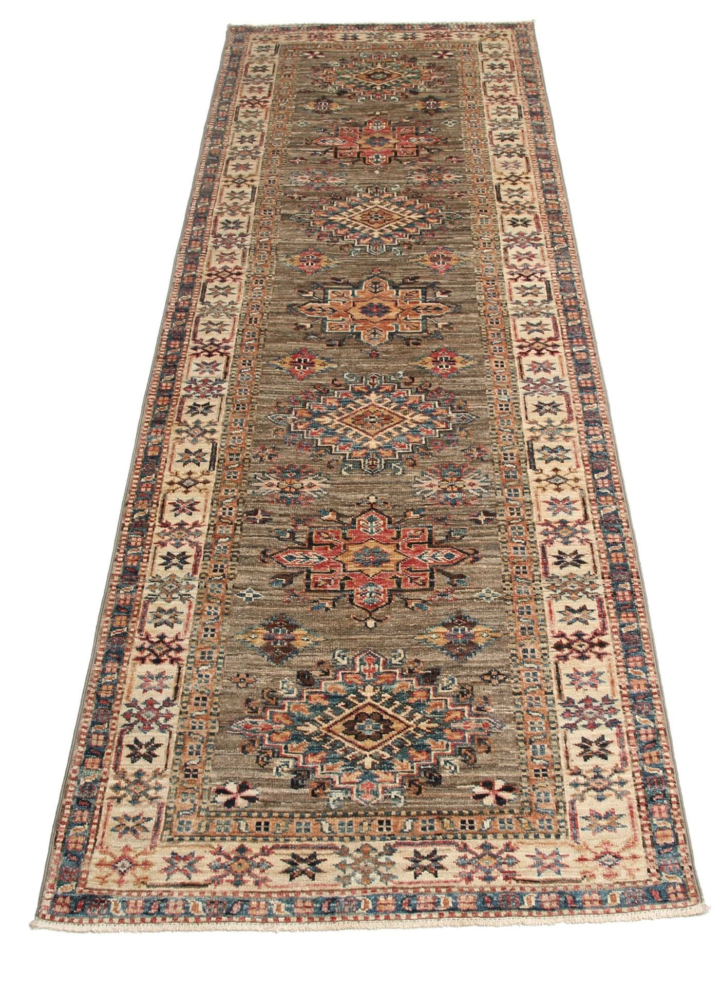 kazak-teppich-83-x-243-cm-geometrisches-muster-handgeknupft-3 Handgeknüpfter Kazak Orientteppich 83 × 243 cm