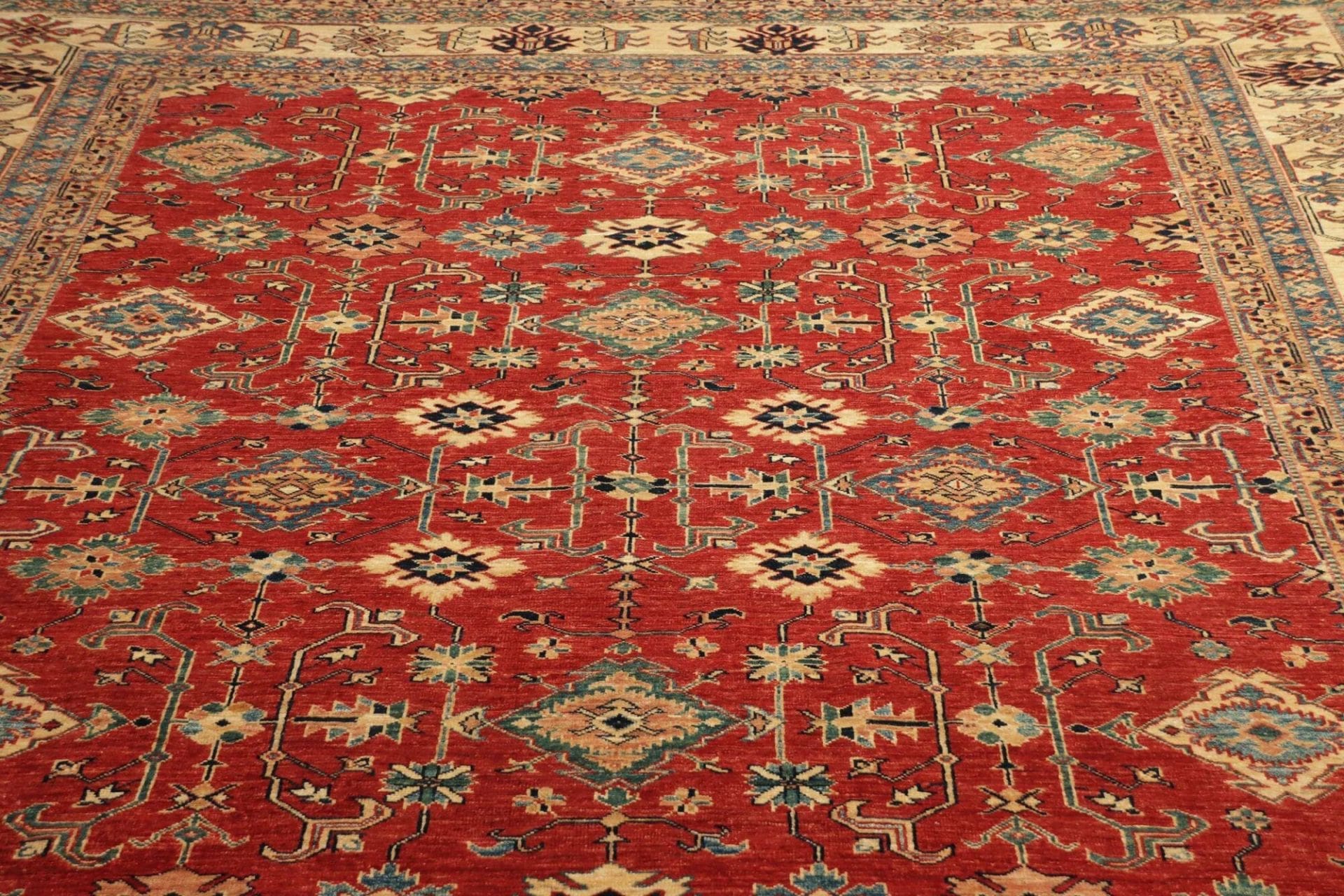 kazak-teppich-281-x-354-cm-geometrische-muster-handgeknupft-8 Handgeknüpfter Kazak Orientteppich 281 × 354 cm