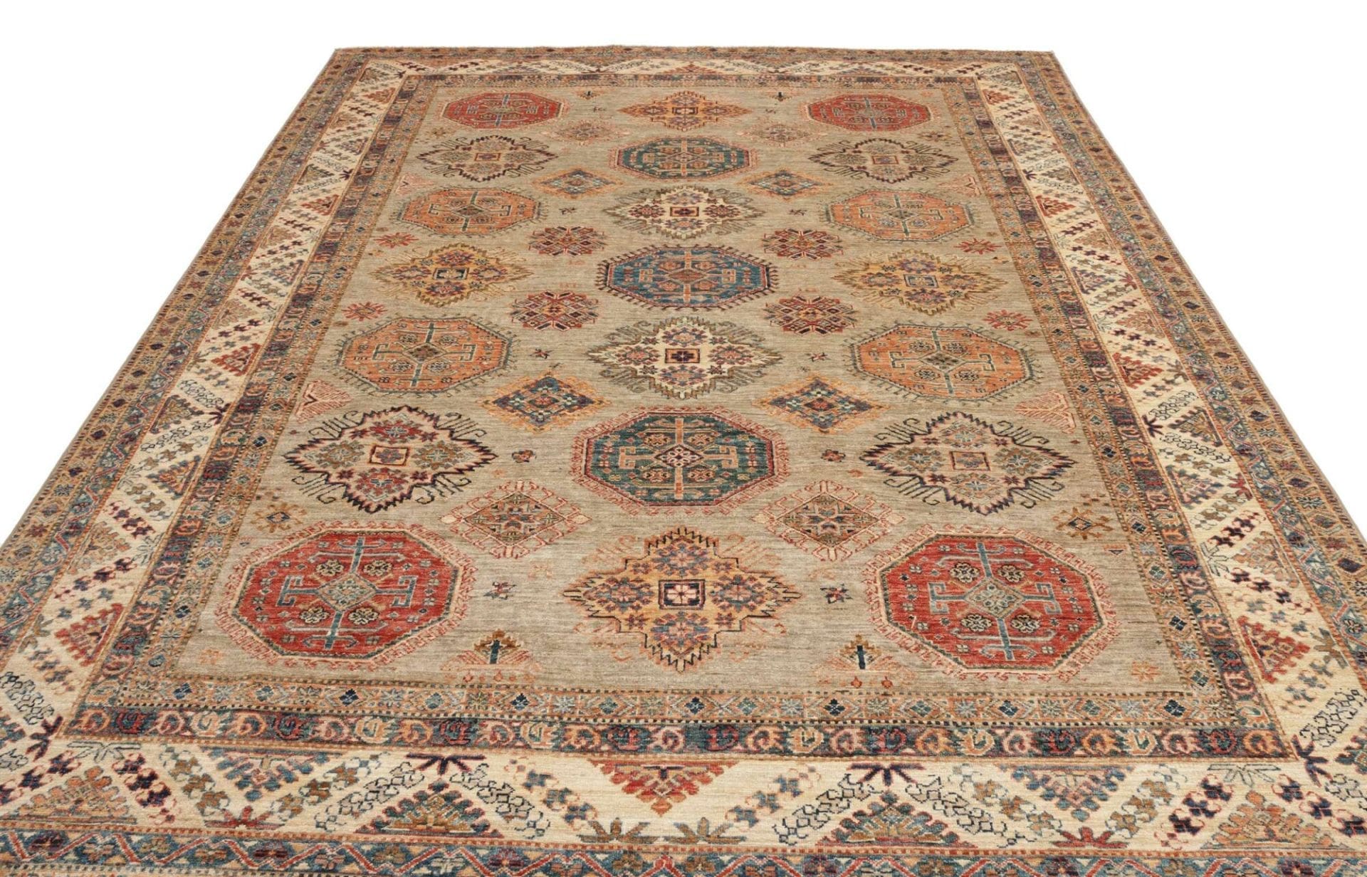 kazak-teppich-248-x-314cm-geometrisches-muster-handgeknupft-3 Kazak Orientteppich aus Pakistan, 248 × 314 cm