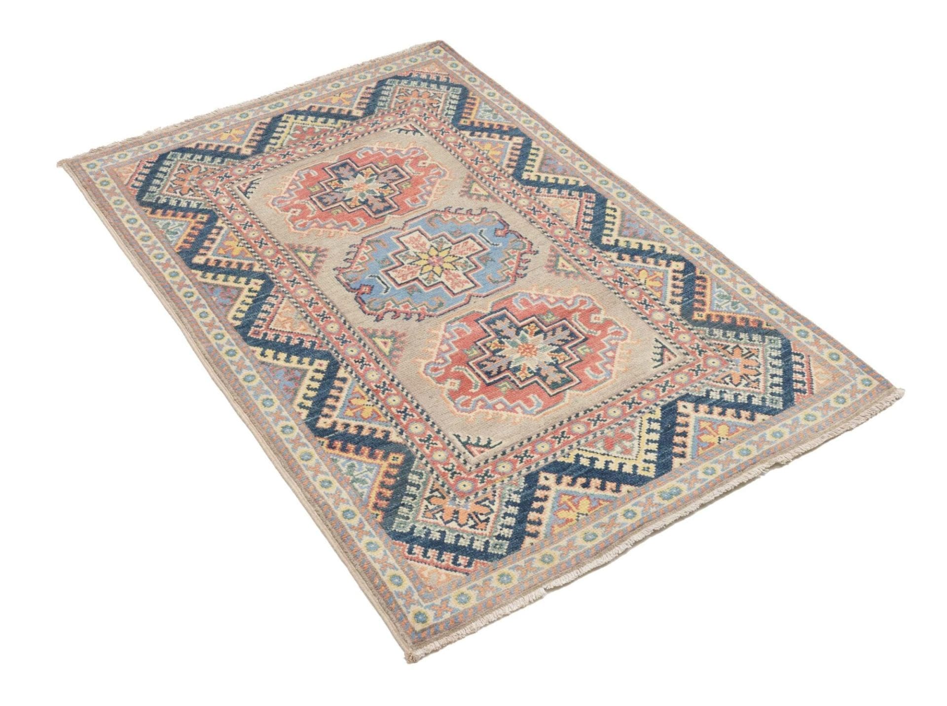 kazak-teppich-89-x-130-cm-geometrische-muster-handgeknupft-2 Kazak Orientteppich aus Pakistan, 89 × 130 cm