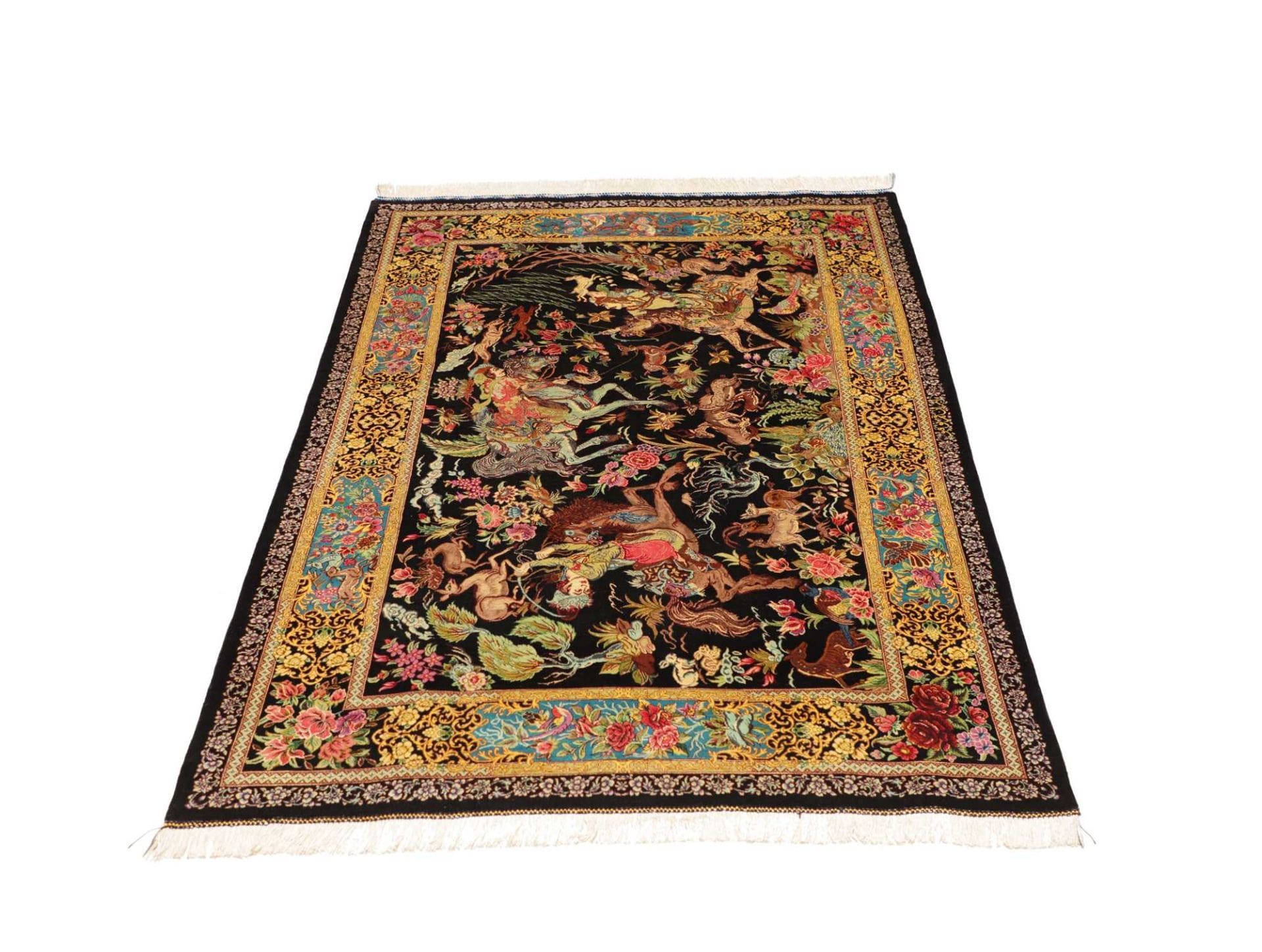 Ghom Perserteppich 103 × 148 cm aus Seide, handgeknüpft