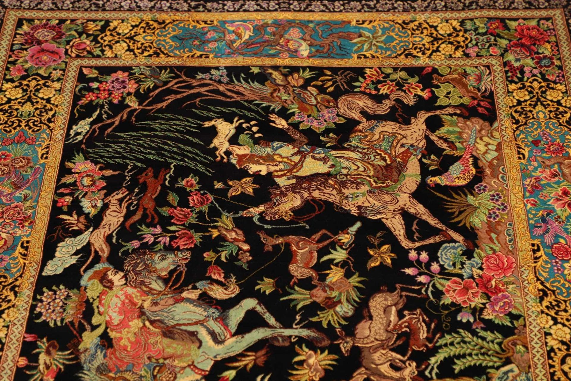 Ghom Perserteppich 103 × 148 cm aus Seide, handgeknüpft