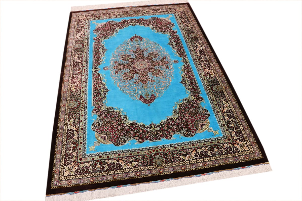 seidenteppich-ghom-204x136-cm-blau-feine-naturfarben-handgeknupft-1 Handgeknüpfter Ghom Perserteppich, Wolle