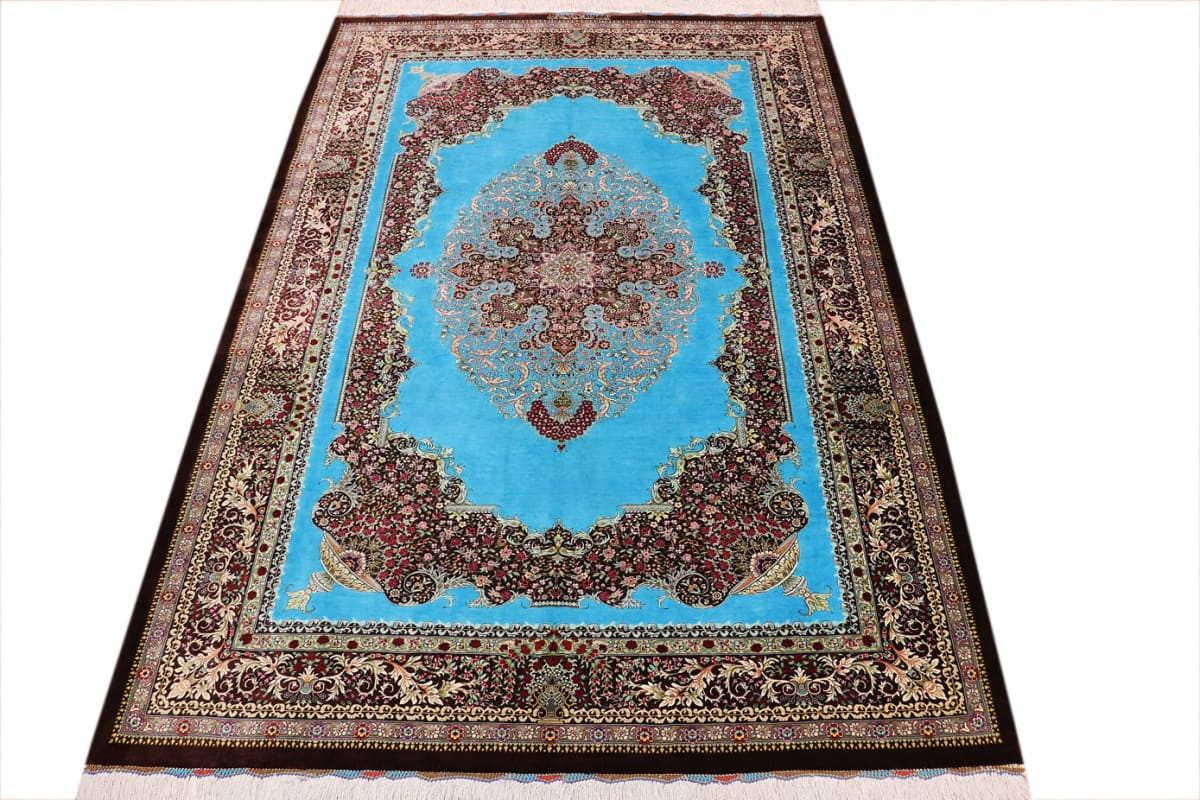 seidenteppich-ghom-204x136-cm-blau-feine-naturfarben-handgeknupft-2 Handgeknüpfter Ghom Perserteppich, Wolle