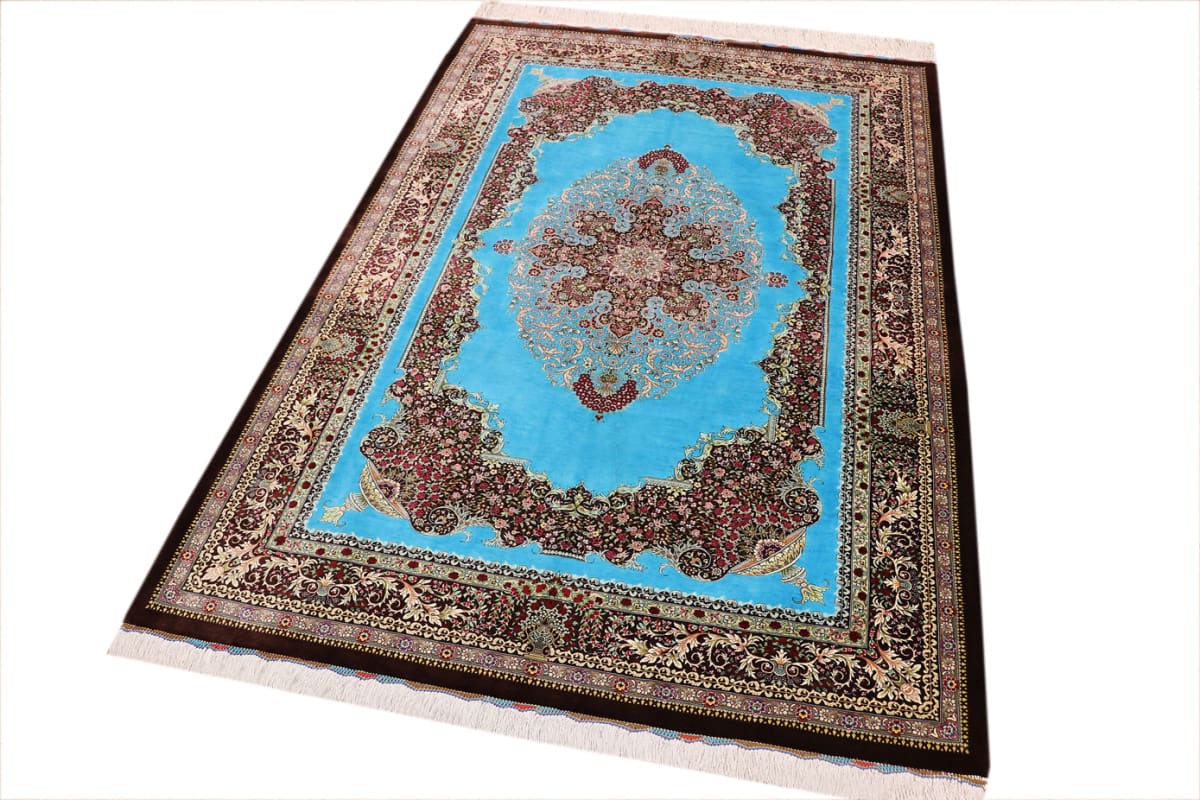 seidenteppich-ghom-204x136-cm-blau-feine-naturfarben-handgeknupft-3 Handgeknüpfter Ghom Perserteppich, Wolle