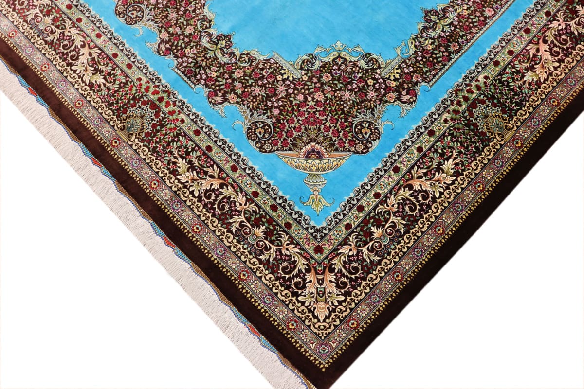 seidenteppich-ghom-204x136-cm-blau-feine-naturfarben-handgeknupft-4 Handgeknüpfter Ghom Perserteppich, Wolle
