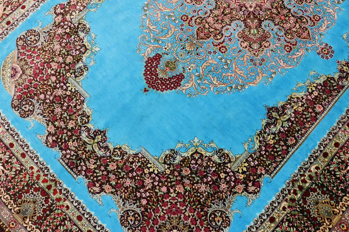 seidenteppich-ghom-204x136-cm-blau-feine-naturfarben-handgeknupft-5 Handgeknüpfter Ghom Perserteppich, Wolle