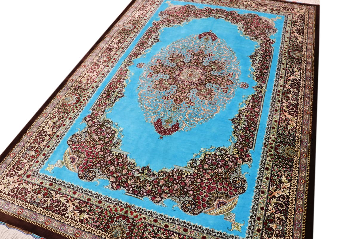 seidenteppich-ghom-204x136-cm-blau-feine-naturfarben-handgeknupft-6 Handgeknüpfter Ghom Perserteppich, Wolle