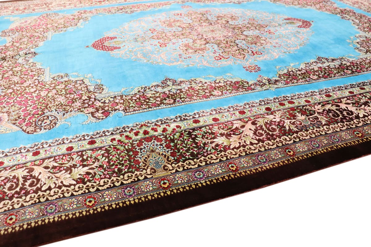 seidenteppich-ghom-204x136-cm-blau-feine-naturfarben-handgeknupft-8 Handgeknüpfter Ghom Perserteppich, Wolle