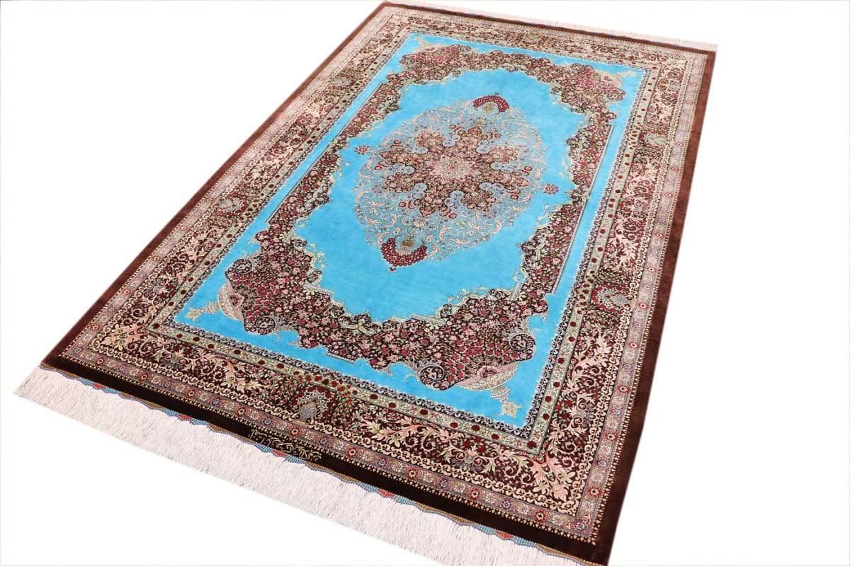seidenteppich-ghom-204x136-cm-blau-feine-naturfarben-handgeknupft-9 Handgeknüpfter Ghom Perserteppich, Wolle