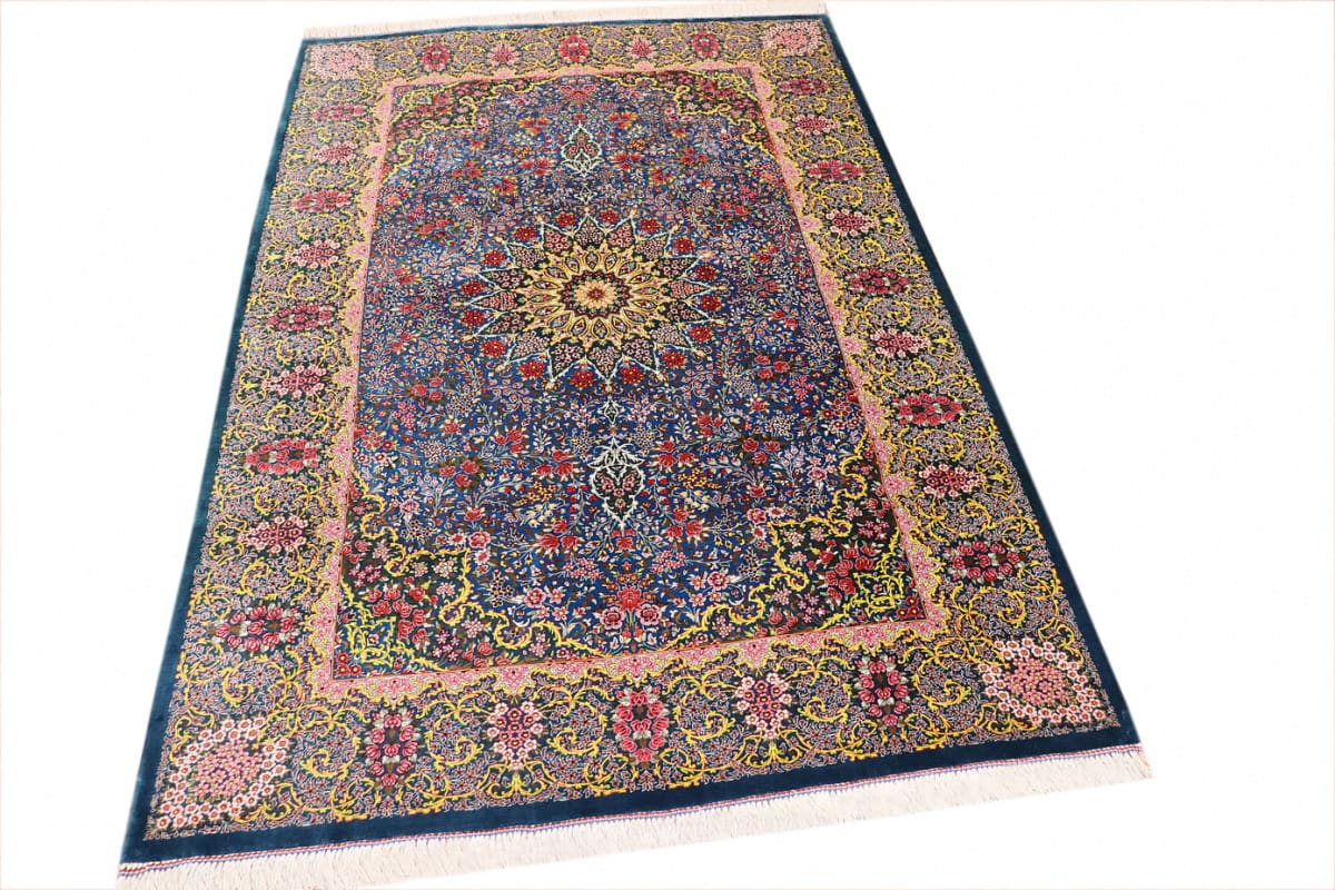 exklusiver-seidenteppich-ghom-blau-202x136-cm-naturfarben-handgeknupft-1 Handgeknüpfter Ghom Perserteppich, Wolle