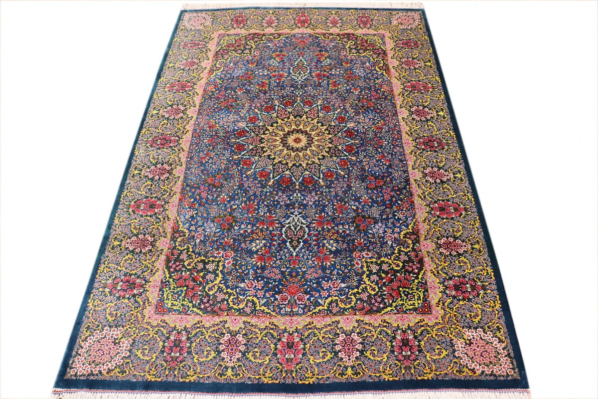 exklusiver-seidenteppich-ghom-blau-202x136-cm-naturfarben-handgeknupft-2 Handgeknüpfter Ghom Perserteppich, Wolle