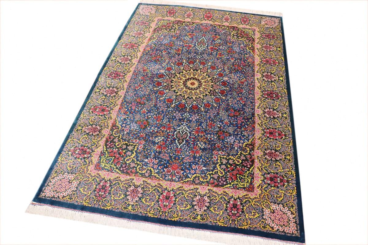 exklusiver-seidenteppich-ghom-blau-202x136-cm-naturfarben-handgeknupft-3 Handgeknüpfter Ghom Perserteppich, Wolle