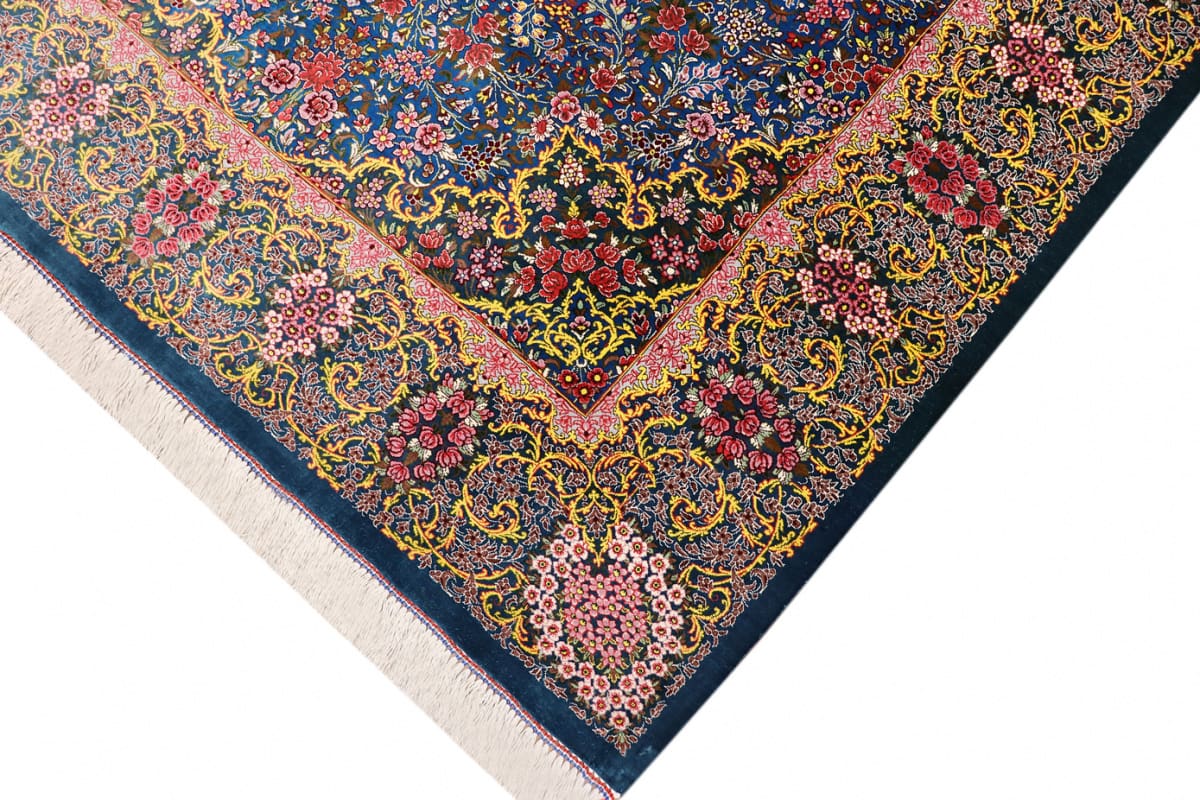 exklusiver-seidenteppich-ghom-blau-202x136-cm-naturfarben-handgeknupft-4 Handgeknüpfter Ghom Perserteppich, Wolle