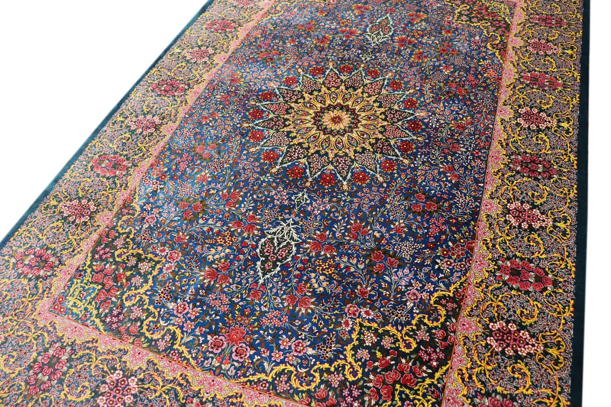 exklusiver-seidenteppich-ghom-blau-202x136-cm-naturfarben-handgeknupft-6 Handgeknüpfter Ghom Perserteppich, Wolle