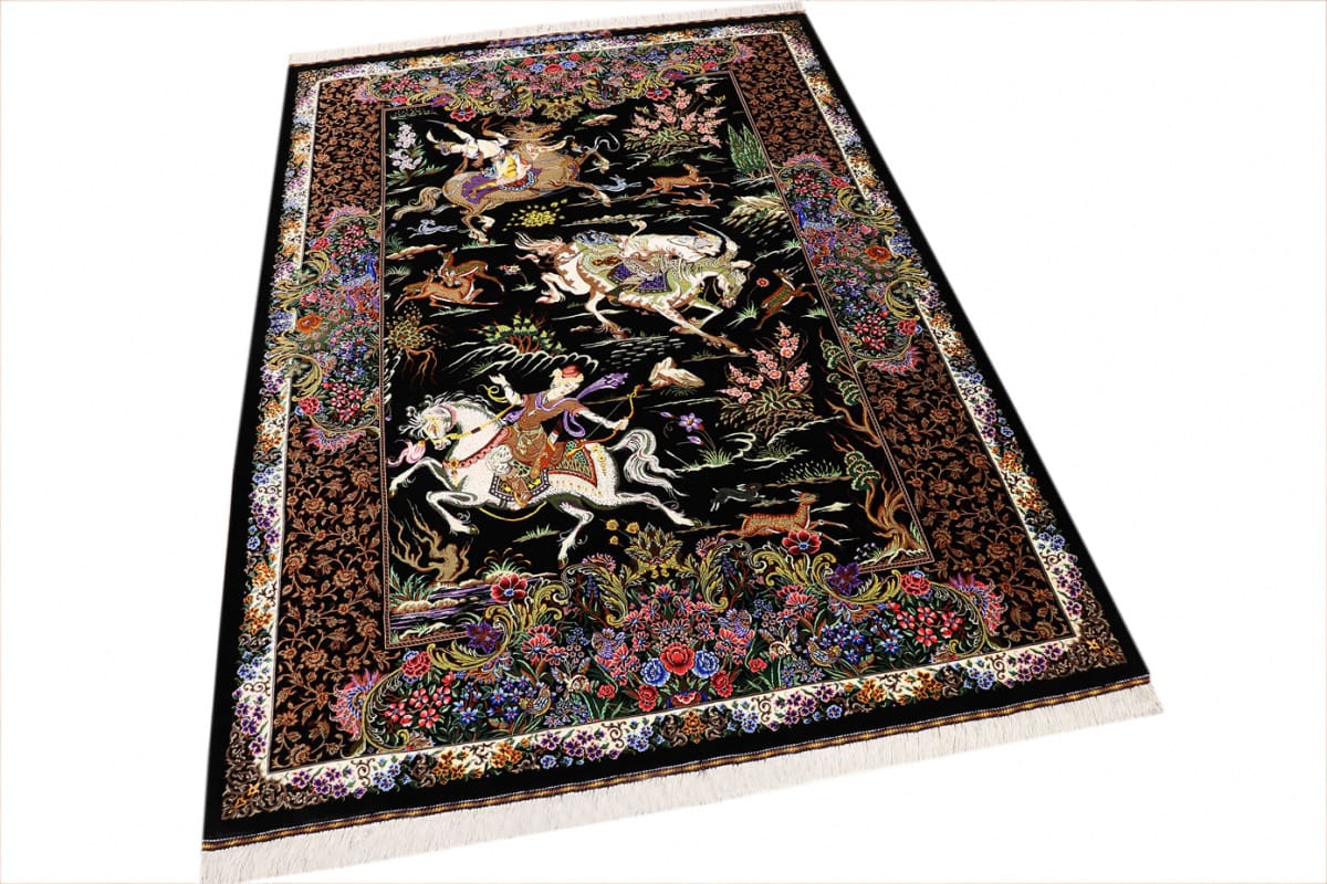 orientteppich-seidenteppich-ghom-jagdszene-schwarz-202x138-cm-handgeknupft-1 Handgeknüpfter Ghom Perserteppich, Seide