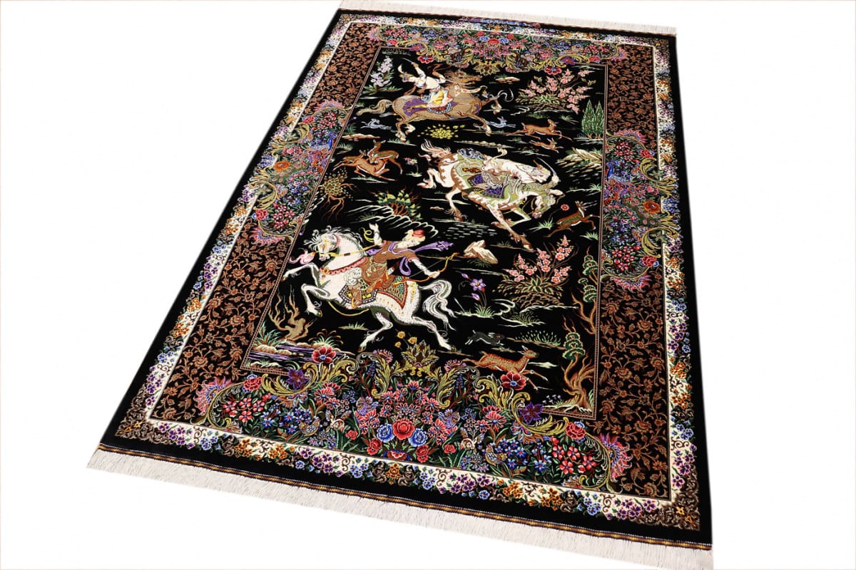 orientteppich-seidenteppich-ghom-jagdszene-schwarz-202x138-cm-handgeknupft-3 Handgeknüpfter Ghom Perserteppich, Seide