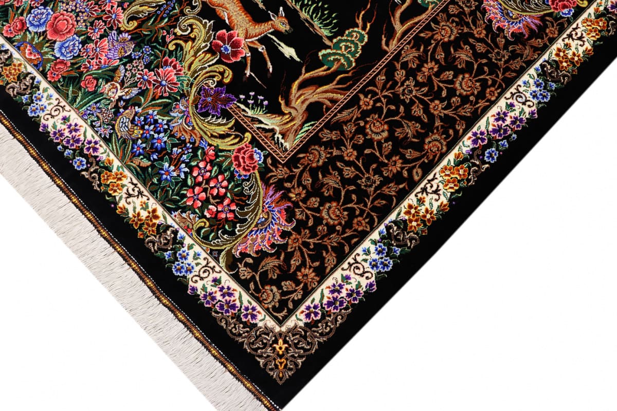 orientteppich-seidenteppich-ghom-jagdszene-schwarz-202x138-cm-handgeknupft-4 Handgeknüpfter Ghom Perserteppich, Seide