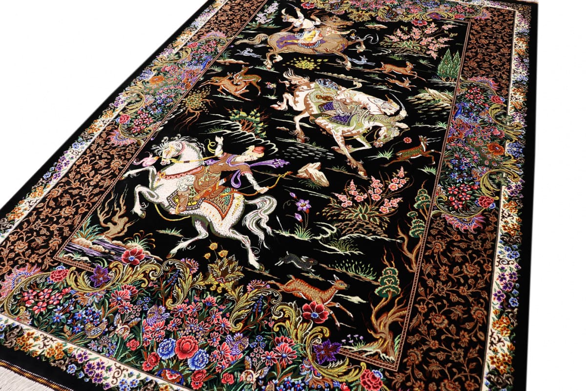 orientteppich-seidenteppich-ghom-jagdszene-schwarz-202x138-cm-handgeknupft-6 Handgeknüpfter Ghom Perserteppich, Seide