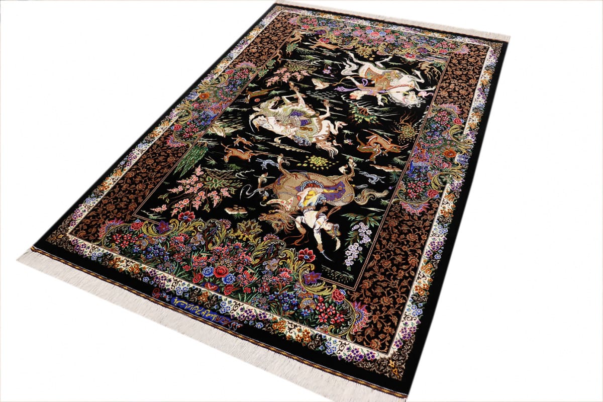 orientteppich-seidenteppich-ghom-jagdszene-schwarz-202x138-cm-handgeknupft-9 Handgeknüpfter Ghom Perserteppich, Seide