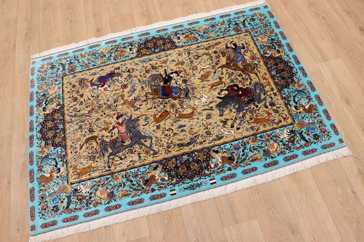 Ghom Seidenteppich Jagdszene 199×132 cm, handgeknüpft, Orientteppich