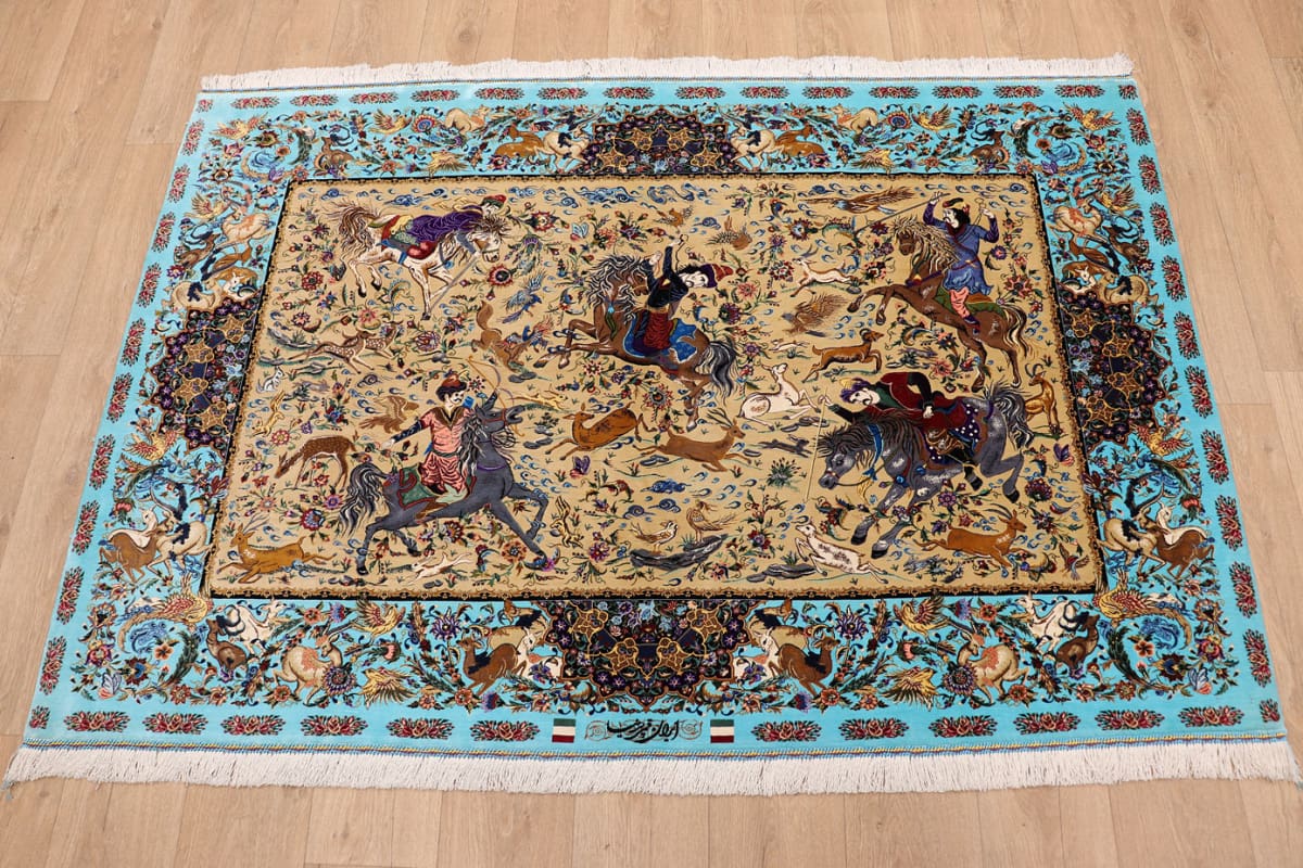 Ghom Seidenteppich Jagdszene 199×132 cm, handgeknüpft, Orientteppich
