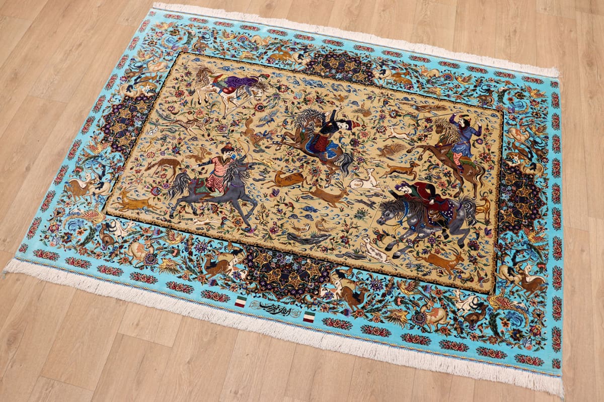 Ghom Seidenteppich Jagdszene 199×132 cm, handgeknüpft, Orientteppich