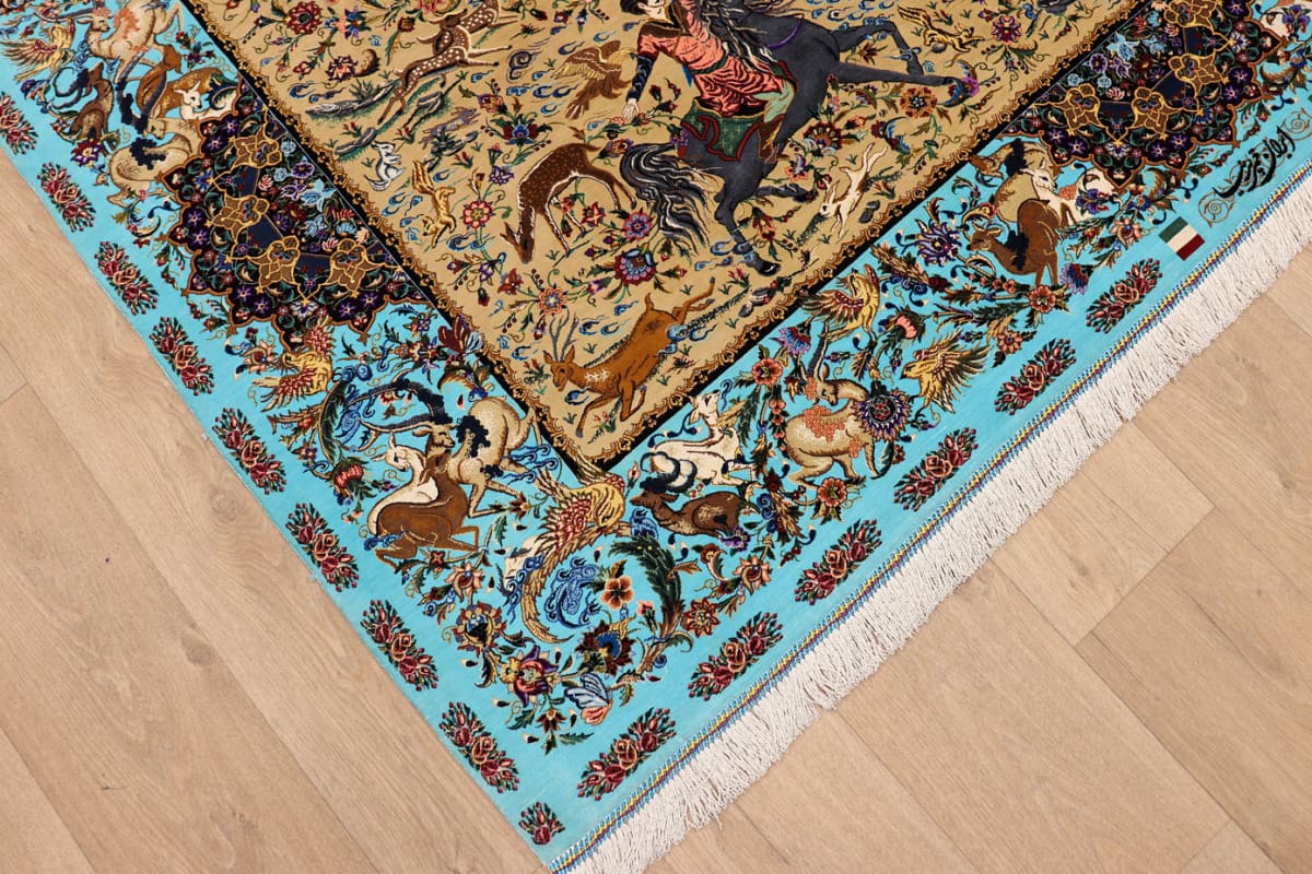 Ghom Seidenteppich Jagdszene 199×132 cm, handgeknüpft, Orientteppich