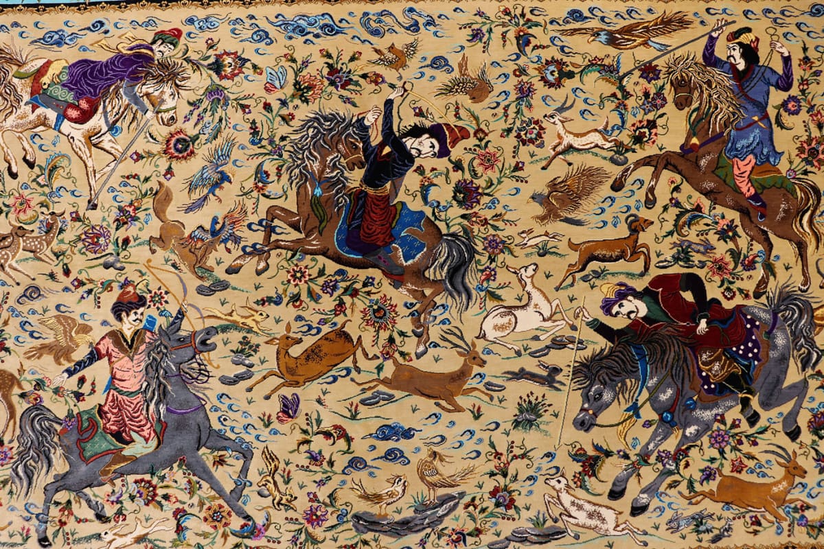 Ghom Seidenteppich Jagdszene 199×132 cm, handgeknüpft, Orientteppich