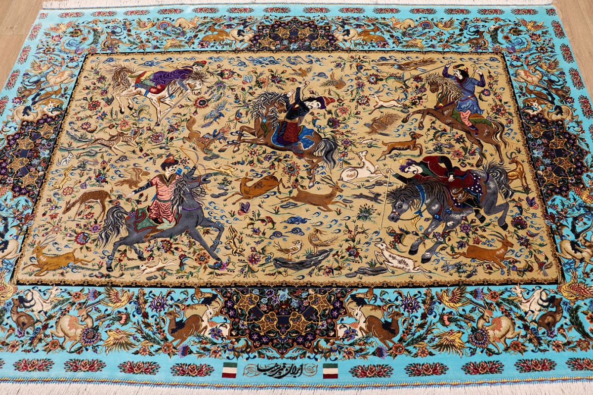 Ghom Seidenteppich Jagdszene 199×132 cm, handgeknüpft, Orientteppich