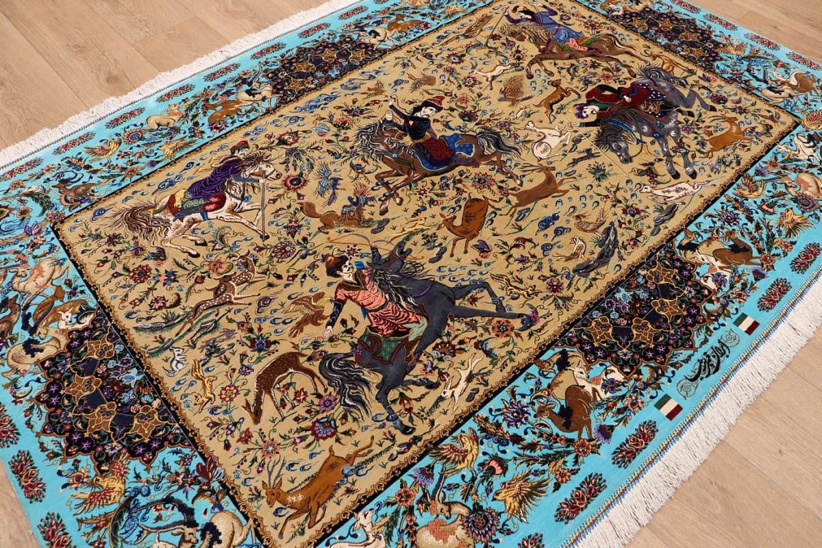 Ghom Seidenteppich Jagdszene 199×132 cm, handgeknüpft, Orientteppich