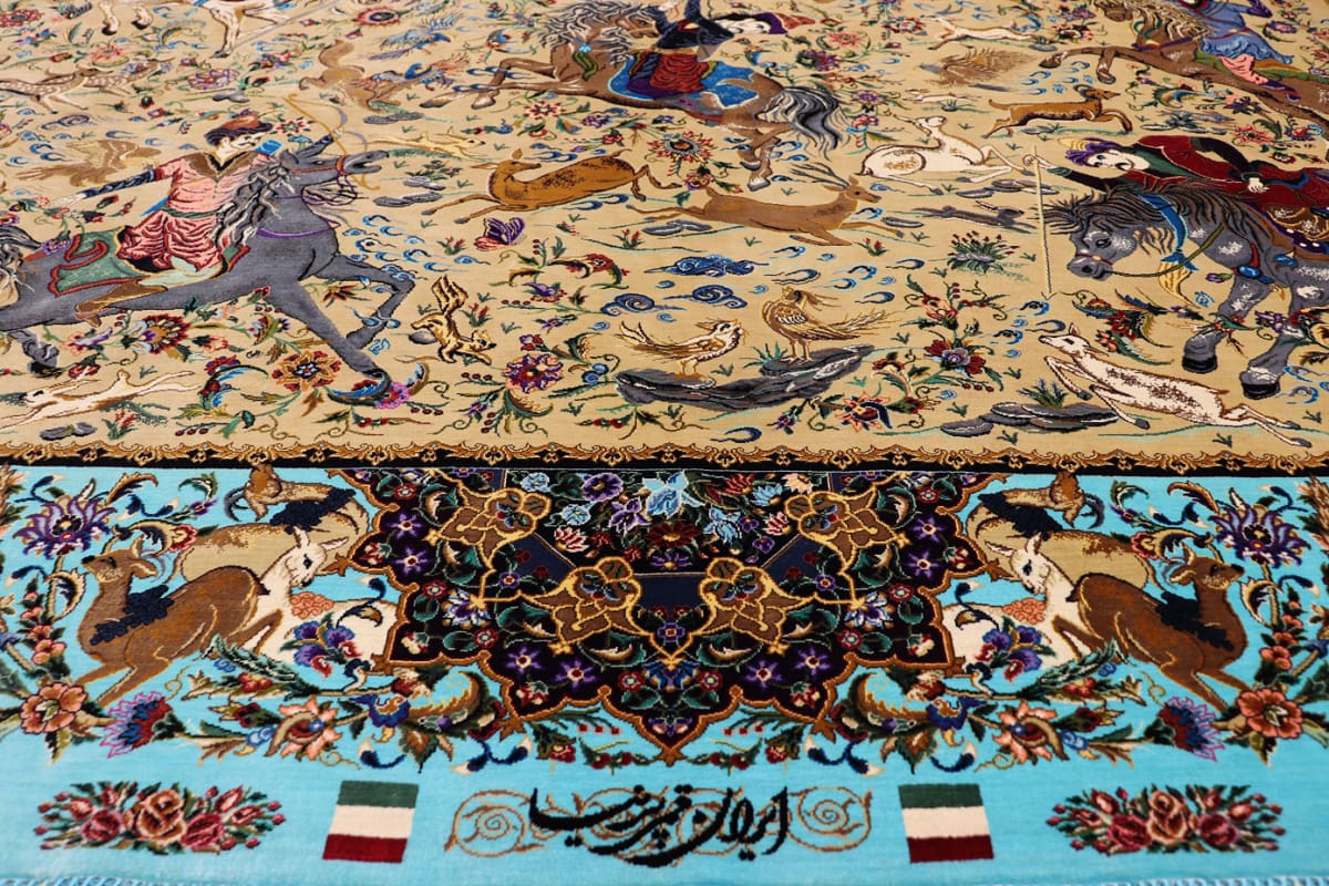 Ghom Seidenteppich Jagdszene 199×132 cm, handgeknüpft, Orientteppich